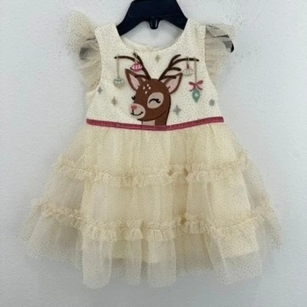 Zunie Nordstrom 12MO‎ Ivory Christmas Reindeer Dress Tulle Ruffle Holiday Party